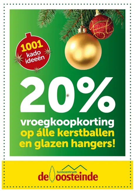 20% korting op alle kerstballen en glazen hangers